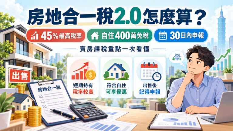 房地合一稅2.0完整攻略：稅率45%怎麼算？自住400萬免稅、節稅方式與申報期限一次看懂